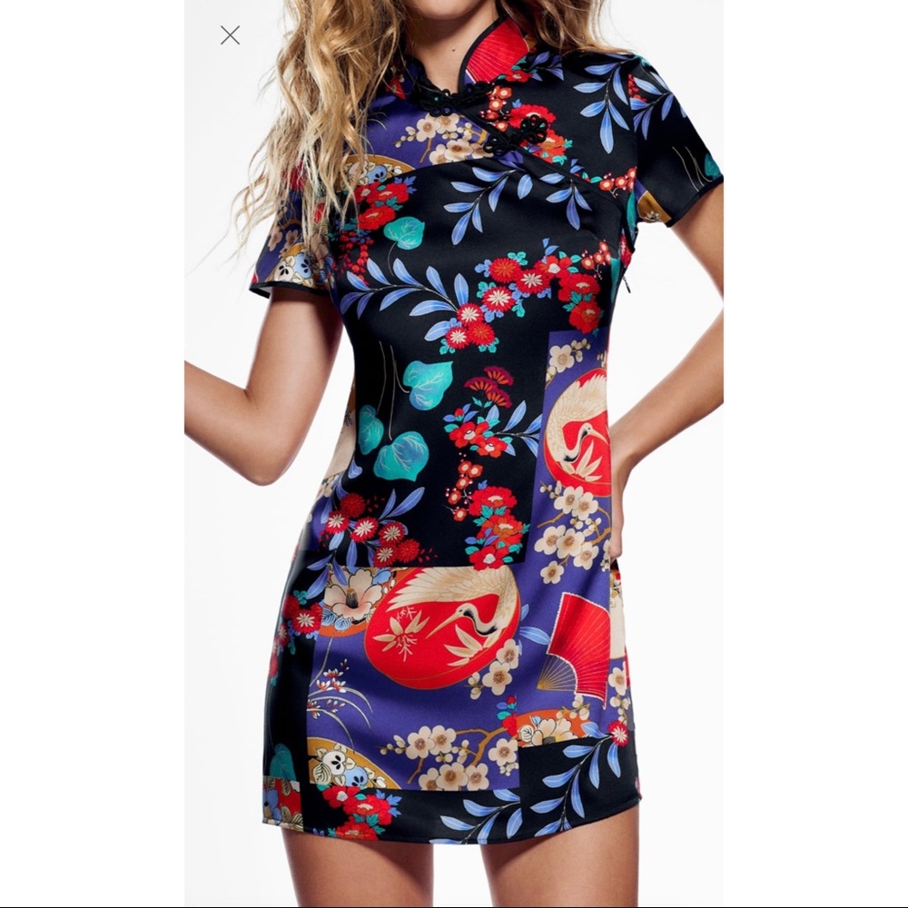 Zara Satin Qi Pao Funky Print Dress